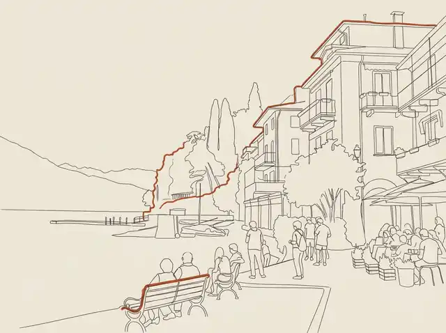 Line-art of The waterfront of Varenna on Lake Como at sunset, with pastel houses and café tables